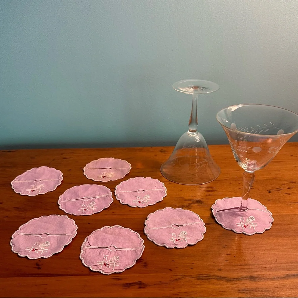 1940s-50s Vintage Pale Lavender Rooster Wine Coasters - Wine Slippers - Set of 8